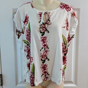 Favant Hawaii White And Pink Floral Tie Front Blouse with Rounded Neckline Sz S